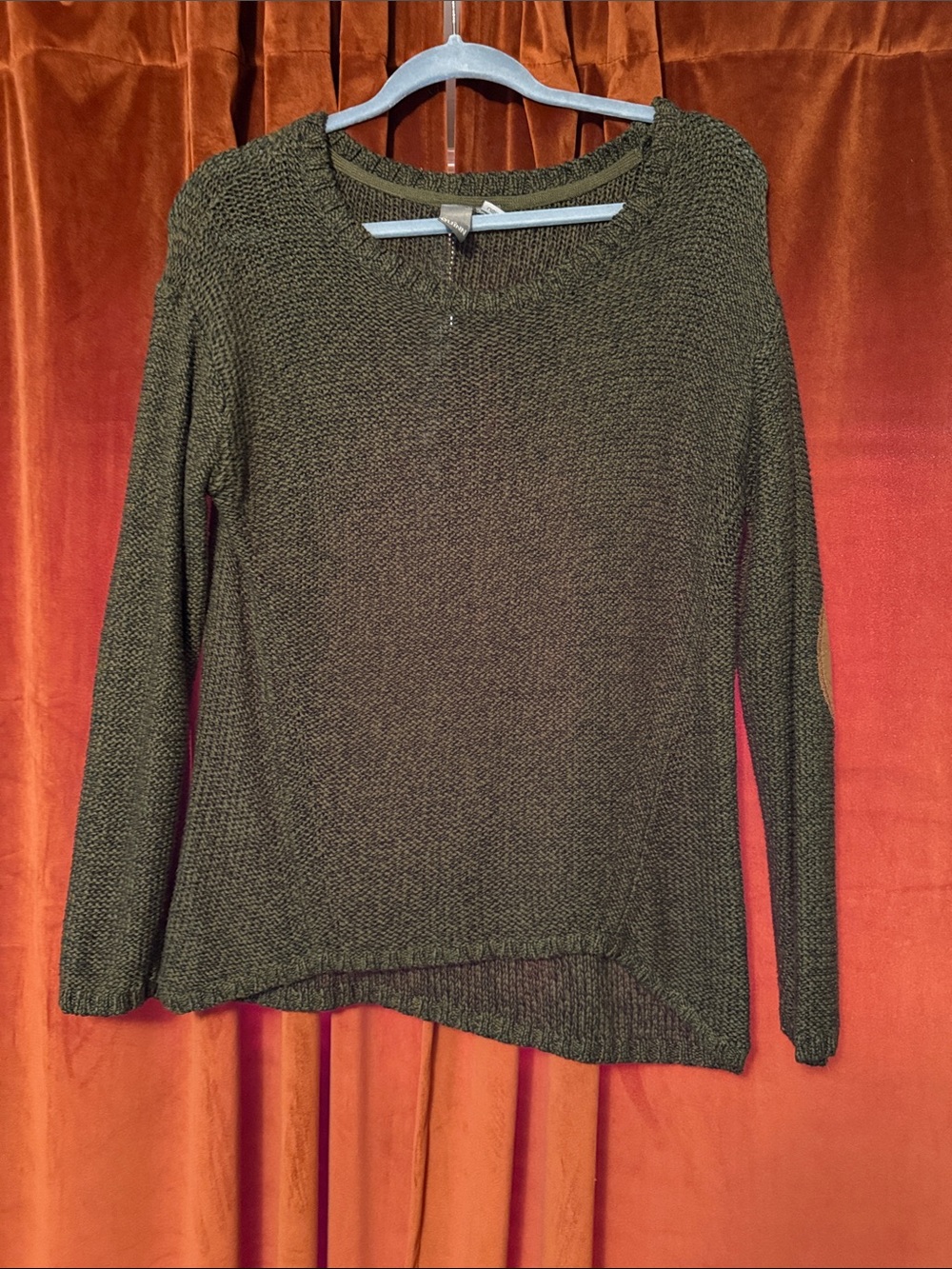 Quinn Olive Green Crewneck Sweater with Tan Elbow Patches - Picture 2 of 2